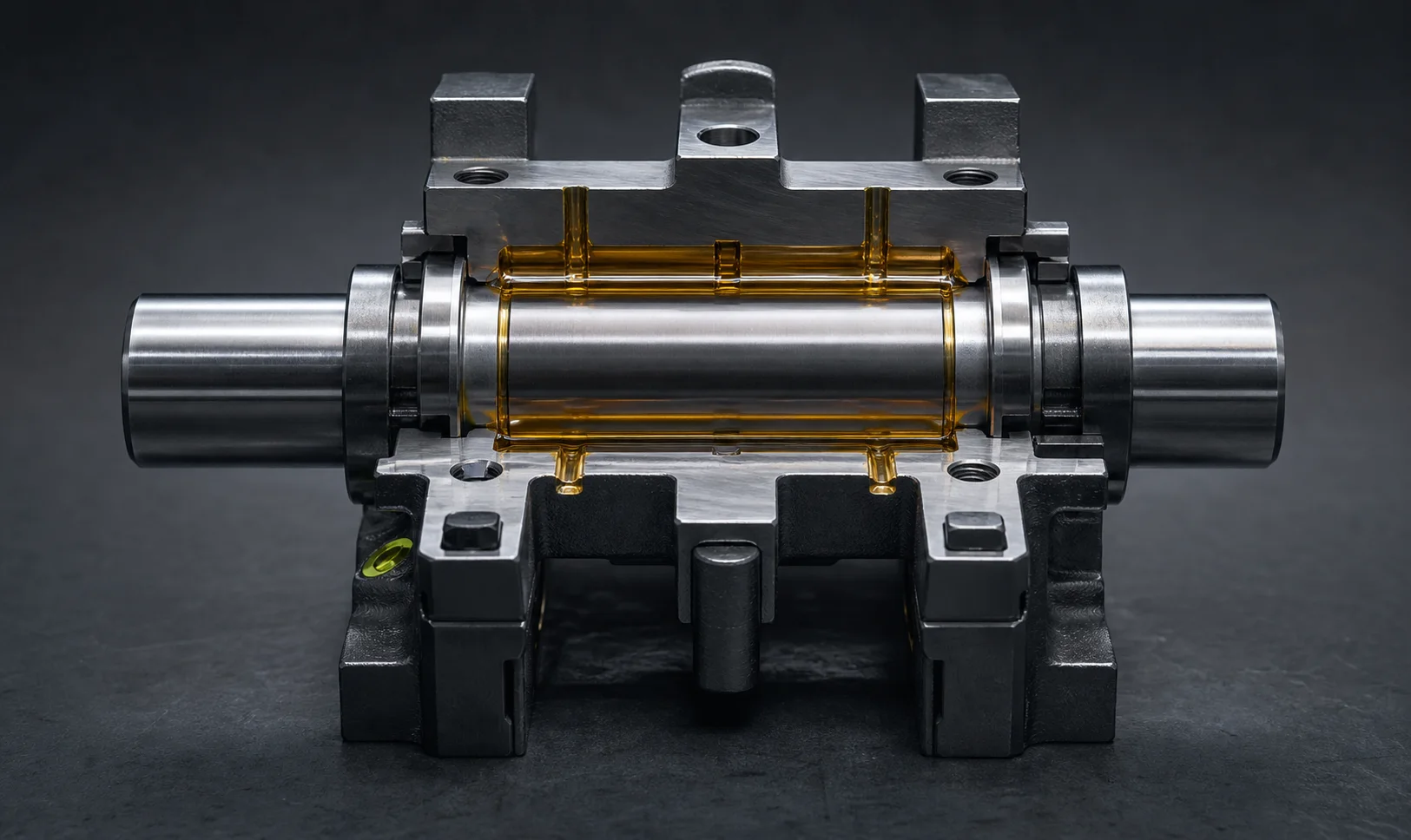 Cutaway hydrodynamic journal bearing with an amber liquid lubricant film around a steel shaft.