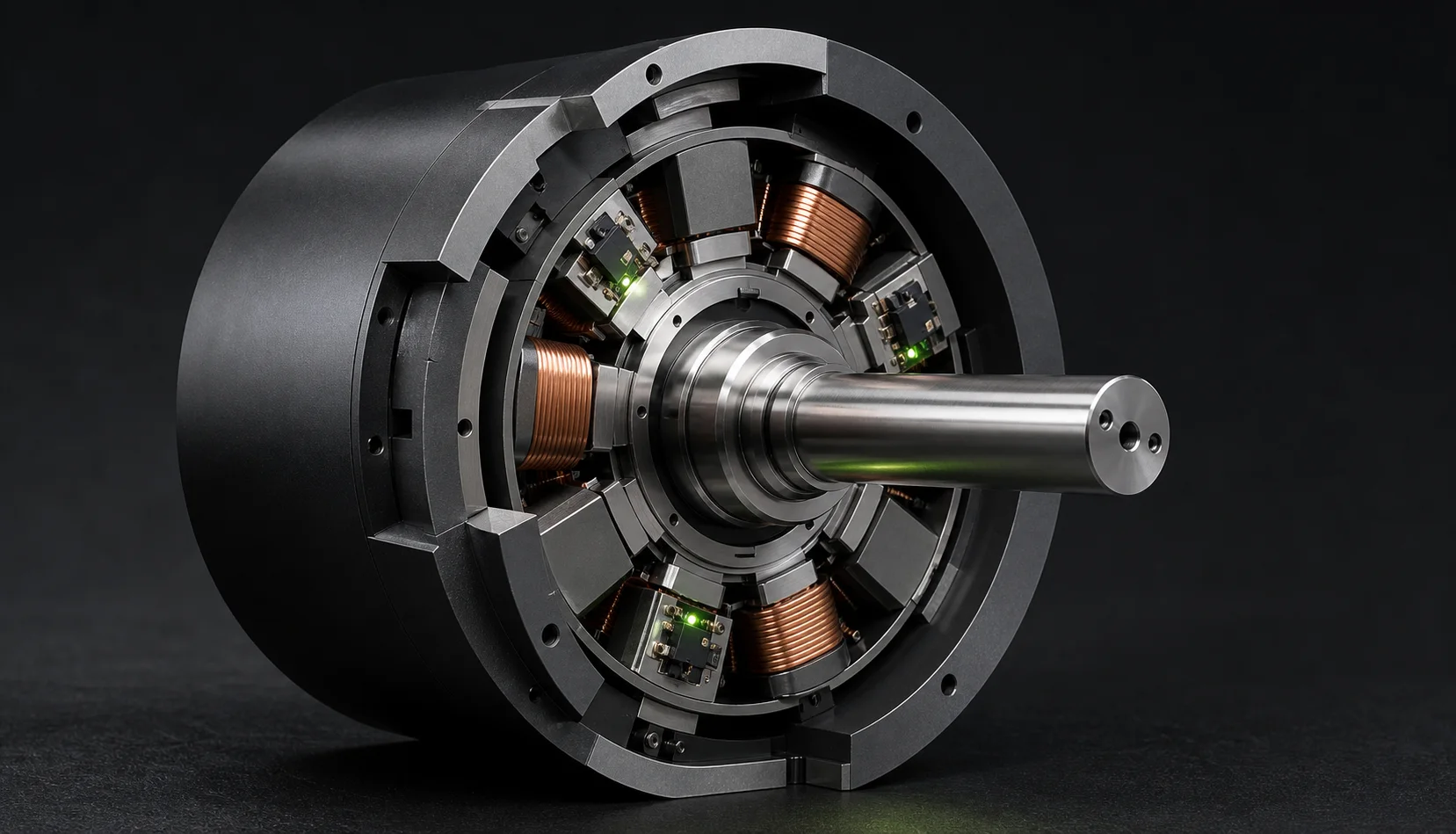 Cutaway active magnetic bearing supporting a high-speed steel rotor with electromagnets.